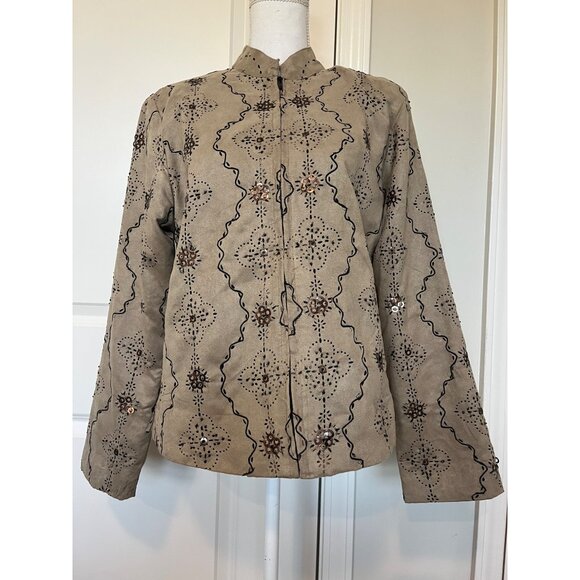 Vtg Anage Suede-Like Zip-Up Jacket Womens Sz M Art to Wear Sequins Embroidery - Picture 1 of 7